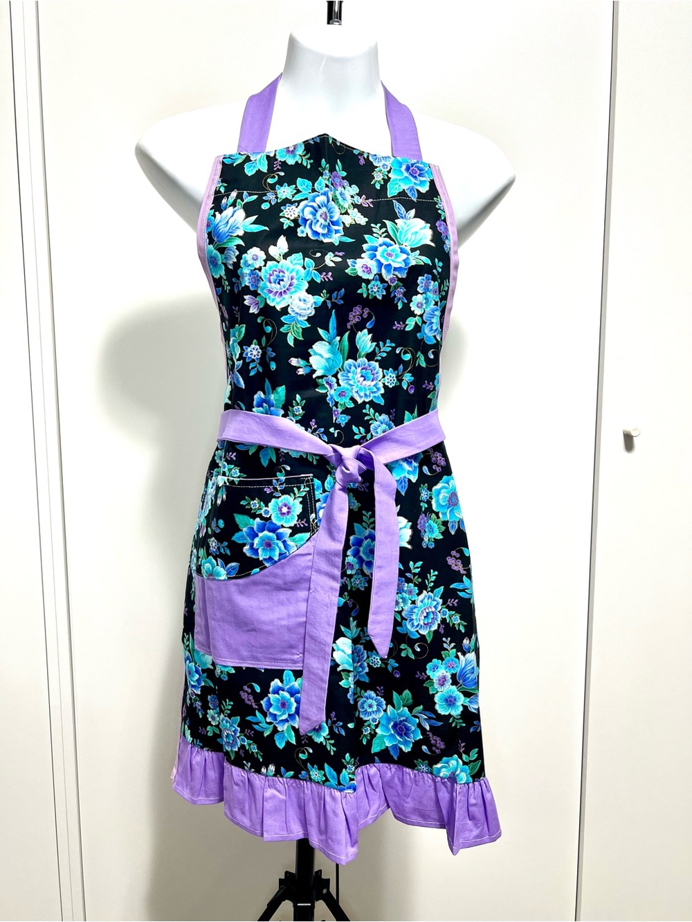 Black Floral Apron with Teal Flowers & Lavender Trim